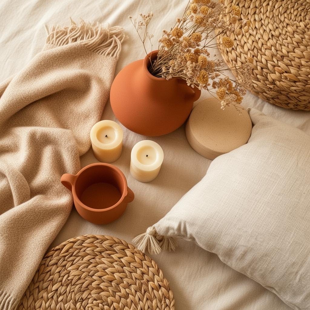 Cozy aesthetic flatlay with throw blanket, terracotta vase and candles